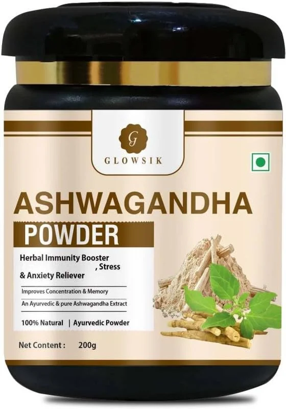 Glowsik 100% Pure Ashwagandha Powder – Herbal Immunity Booster & Stress Reliever – Support Memory & Concentration – Ayurvedic Supplement – 200g