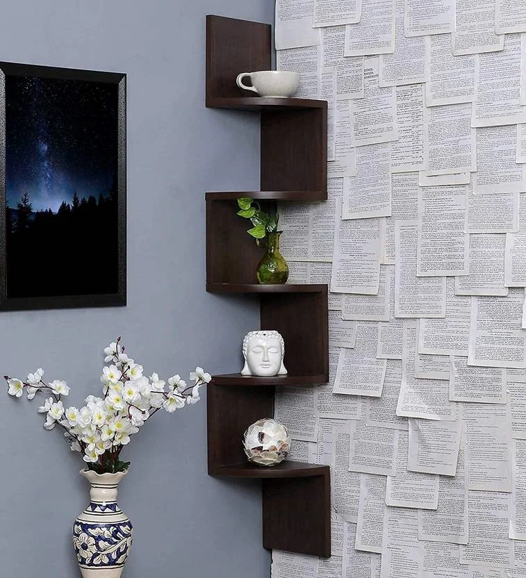 woodinzo Zigzag wall shelf wooden wall corner shelves MDF (Medium Density Fiber), Wooden Wall Shelf  (Number of Shelves - 5, Brown)
