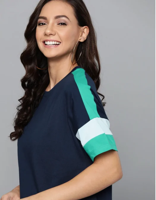 Mast & Harbour Women Navy Blue Solid Round Neck Pure Cotton T-shirt