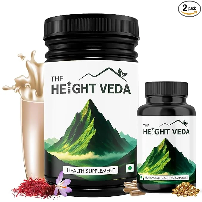 Nutrinoplus® Height Veda Grow Taller Combo – 60 Veg Capsules + 200g Powder | Height Support Supplement for Teens & Adults | Promotes Bone Density, Energy & Posture Alignment