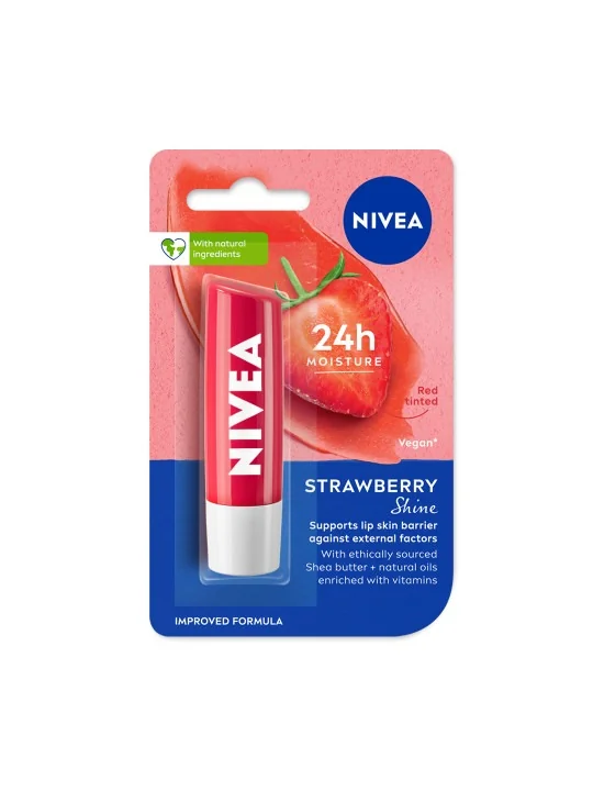 Nivea Women Strawberry Shine 24h Moisture Lip Balm with Natural Oils, Reddish Shine 4.8 g