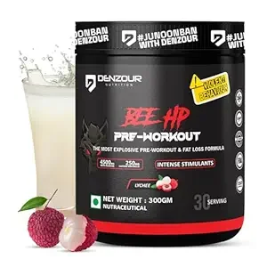DENZOUR NUTRITION Bee-Hp Pre-Workout | 250mg Caffeine + 750mg Creatine + 4500mg Beta-Alanine | Muscle Pump & Fat Loss Formula | Lychee Flavour | 300g | 30 Servings - Best Price ₹799 at Amazon