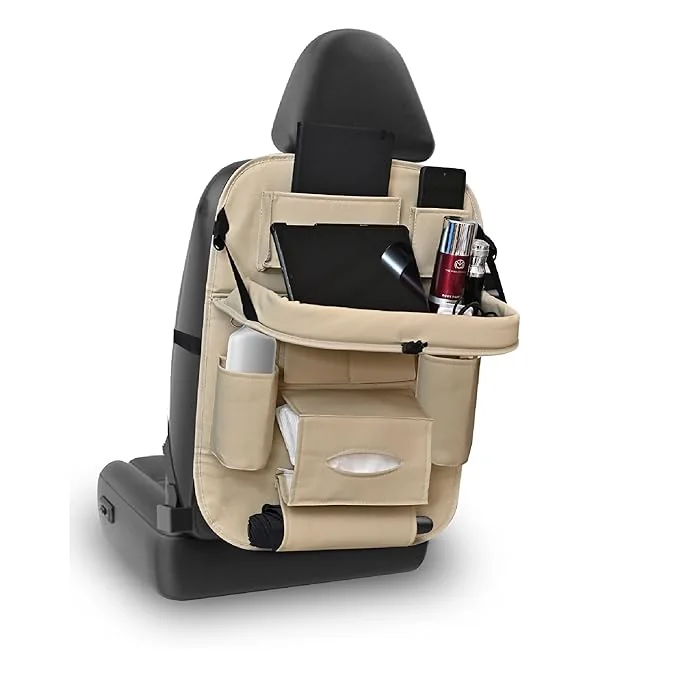Amazon Brand - Solimo Pu Leather Auto Car Back Seat Organizer With Foldable Dining Table Tray, Multipocket Storage Tablet, Bottle And Tissue Paper Holder_Beige (With Tray) - Automobiles - Best Price ₹597 at Amazon